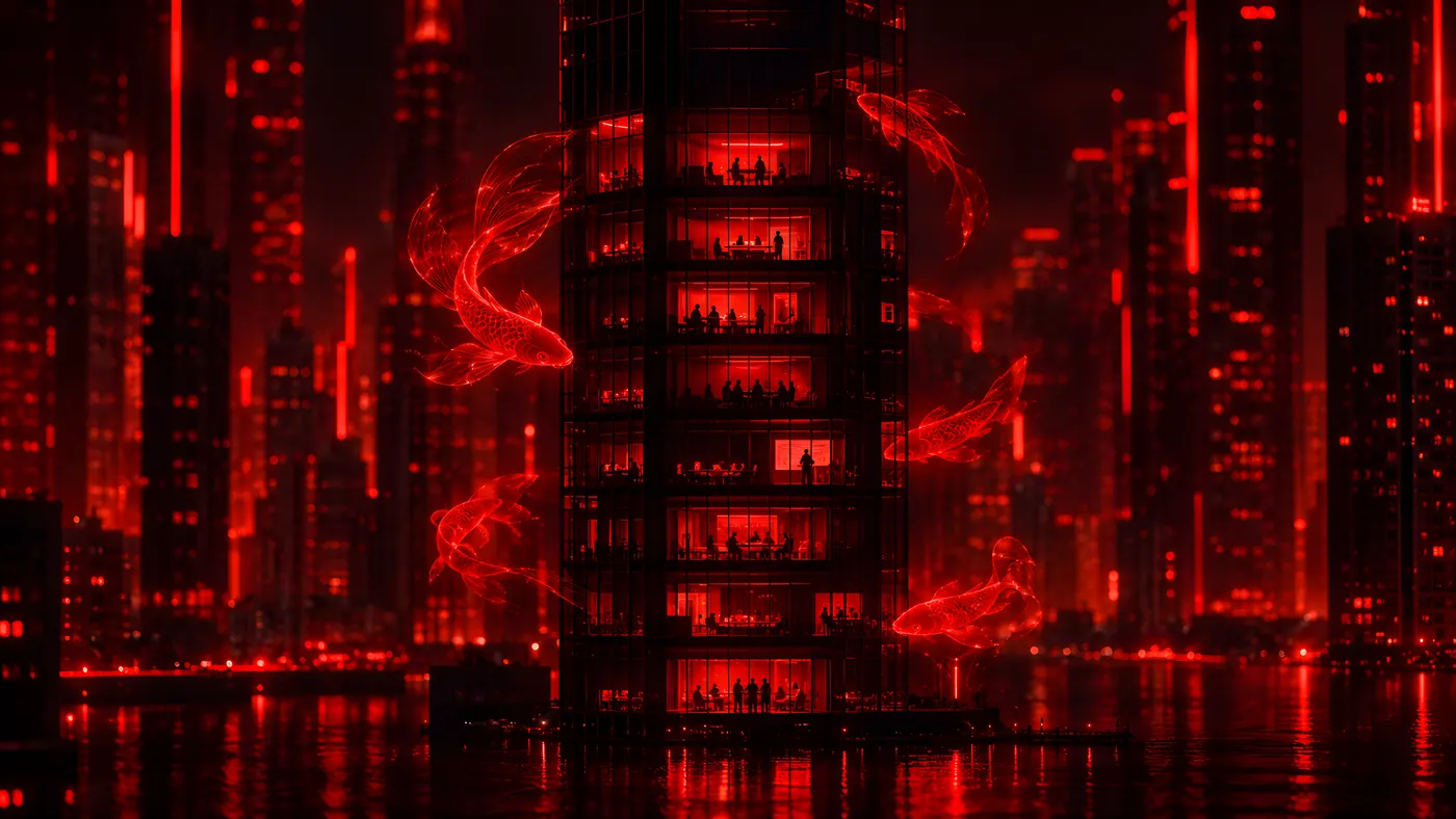 A tower of founders at work, with koi circling it