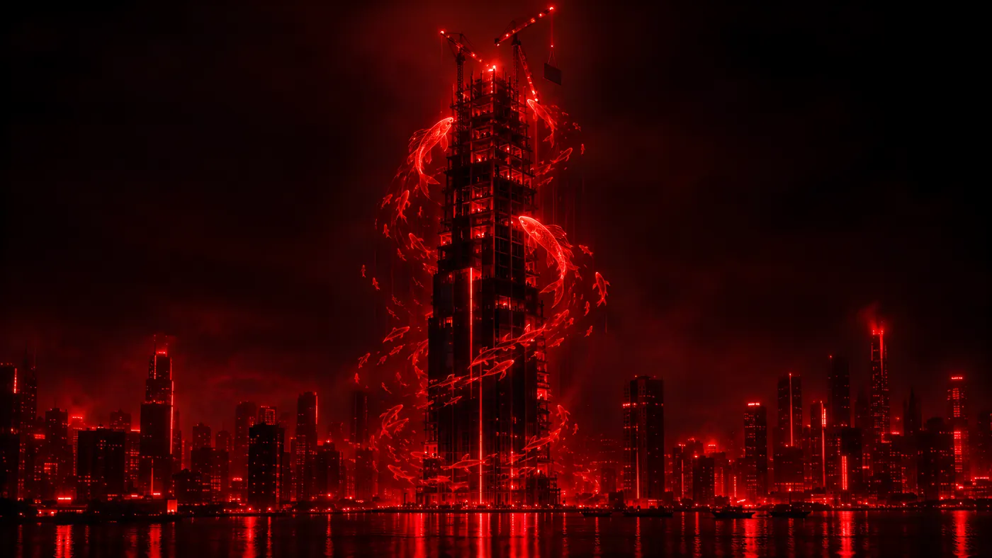 A tower still under construction, koi spiralling up its scaffolding